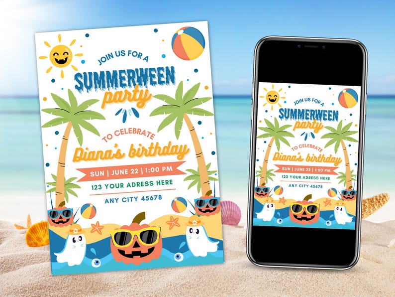 May include: A Summerween party invitation on a white background with a beach theme. The invitation features palm trees, a smiling sun, beach balls, and Halloween-themed characters. The text reads "Join us for a Summerween party to celebrate Diana's birthday."