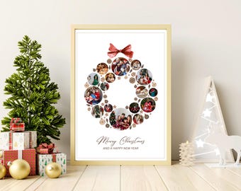 Collage fotografico di ghirlande natalizie, modello Canva per collage di foto moderne, stampabile, modificabile, foto di famiglia, regalo di Natale, download immediato