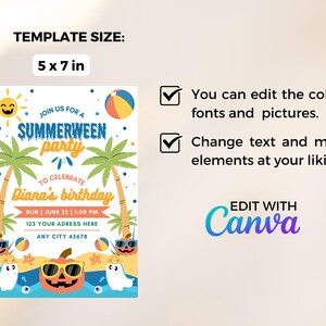 May include: A colorful invitation for a Summerween party, 5 x 7 inches. The design includes a smiling sun, beach ball, palm trees, and a pumpkin wearing sunglasses. Text includes "Summerween party" and "Diana's birthday". Edit with Canva.