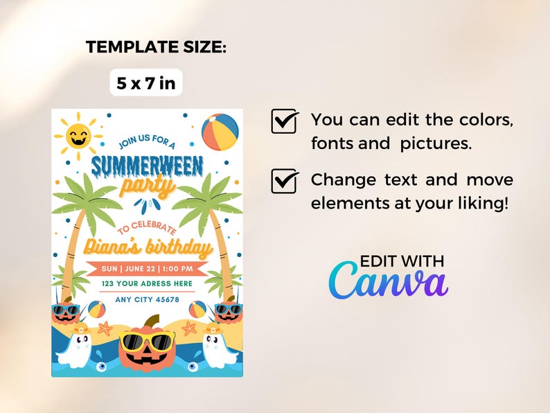 May include: A colorful invitation for a Summerween party, 5 x 7 inches. The design includes a smiling sun, beach ball, palm trees, and a pumpkin wearing sunglasses. Text includes "Summerween party" and "Diana's birthday". Edit with Canva.