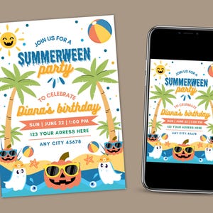 May include: A Summerween party invitation on a white background, also displayed on a smartphone. The invitation features a smiling sun, palm trees, beach balls, and a pumpkin wearing sunglasses. The text reads "Join us for a Summerween party to celebrate Diana's birthday."