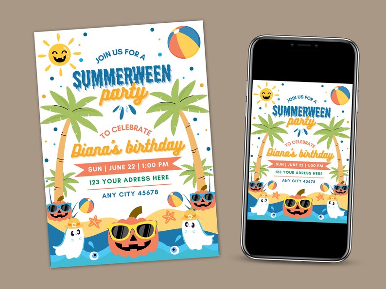 May include: A Summerween party invitation on a white background, also displayed on a smartphone. The invitation features a smiling sun, palm trees, beach balls, and a pumpkin wearing sunglasses. The text reads "Join us for a Summerween party to celebrate Diana's birthday."