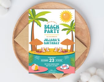 Beach Party Birthday Invitation Editable Template Summer Ocean Evite Surfer Party Tropical Celebration Digital Invite Instant Download Canva