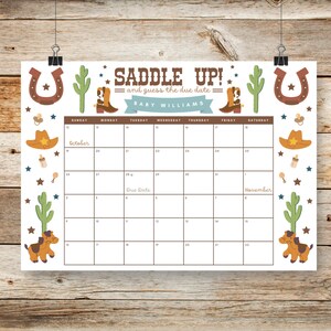 Cowboy Baby Due Date Calendar Sign Template Guess the Birthday Sign Western Baby Shower Game Guess Birth Date Country Canva Instant Download