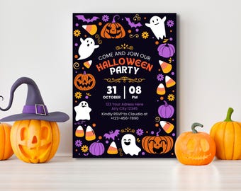 Editable Halloween Party Invitation Template Cute Ghost Pumpkin Invite Purple Trick Treat Party Spooky Kid Instant Download Canva Template