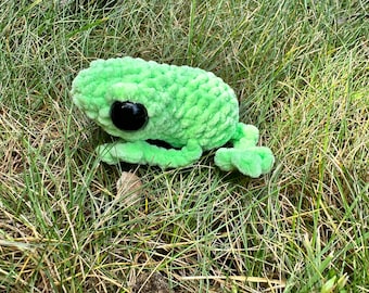 May include: A green crocheted frog toy with large black eyes. The frog is sitting in a bed of green grass.