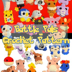Peut inclure: Image présentant plusieurs personnages Pokémon crochetés aux couleurs vives sur fond rouge. L'image comprend du texte indiquant "Battle Pds Crochet Pattern" et le compte Instagram "@britts_stitched". Les personnages sont de couleurs jaune, bleu, rose et marron.
