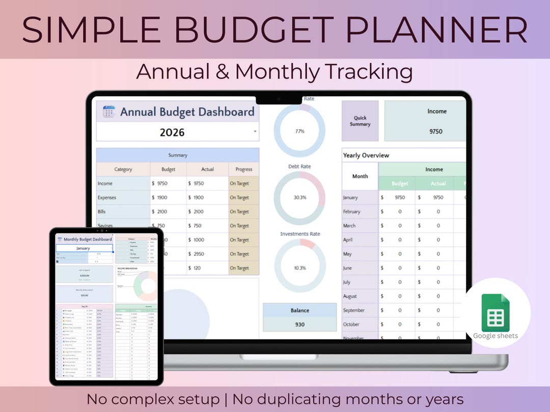 Simple Budget Planner | Google Sheets Template | Monthly & Annual ...
