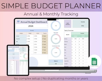Simple Budget Planner | Google Sheets Template | Monthly & Annual Budget | Expense Tracker | Personal Finance