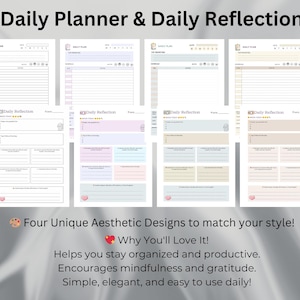 May include: Four printable daily planner and reflection pages with different aesthetic designs. Each page features a daily planner section and a daily reflection section. The pages are in pastel colors with a heart and a smiley face.