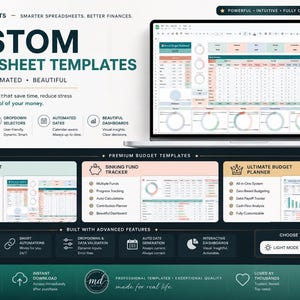 May include: A digital display of custom Google Sheets spreadsheet templates featuring an annual budget planner, sinking fund tracker, and ultimate budget planner. The interface includes light and dark mode options, automated formulas, and visual dashboards.