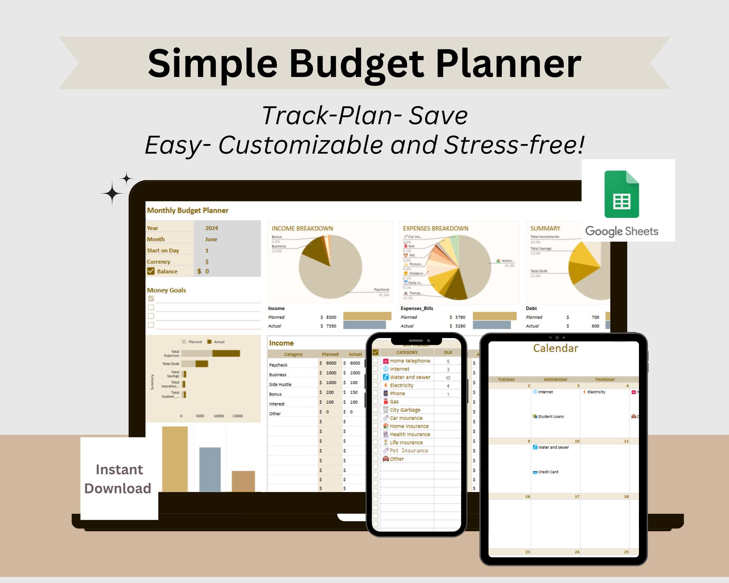 Simple Budget Planner Template Google Sheets Editable Digital Personal ...