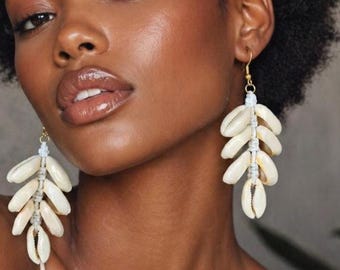Cowrie Shell Dangle Earrings Beach Boho Drop Earrings, Natural Seashell Statement Jewelry, Afrocentric Pieces