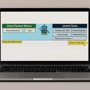 Pode incluir: Um ecrã de computador portátil exibe uma interface de macro de limpeza de dados. A interface inclui secções para limpeza de dados e ferramentas úteis, com botões e texto como "Clean & Summarise!", "Clear" e "Return to Title Page".