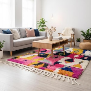 Colorful Moroccan Berber Rug – Handmade Azilal Wool Rug – Abstract Geometric Carpet – Boho Moroccan Home Decor- pink rug - authentic carpet