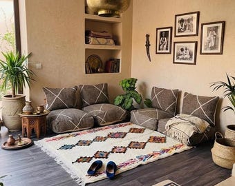 Moroccan Berber Floor Seating Set – Handmade Wool Rug, Poufs & Cushions – Home Decor - ottoman pouf -Custom
