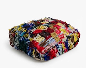Moroccan Handwoven Vintage Wool Pouf Cover – Boho Ottoman (24x24x10") azilal vintage ottoman pouf