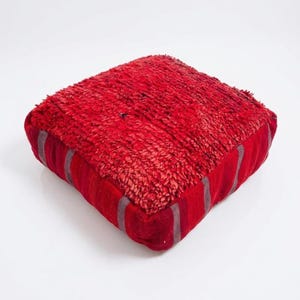 Peut inclure: Un coussin de sol carré doté d'une surface supérieure rouge vif à poils longs et touffus. Les côtés du coussin sont fabriqués dans un tissu rouge lisse agrémenté de rayures verticales gris foncé, créant un contraste de texture et de couleur.