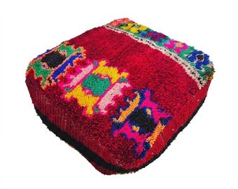 Handmade Moroccan wool pouf, vintage Berber ottoman, kilim pouf