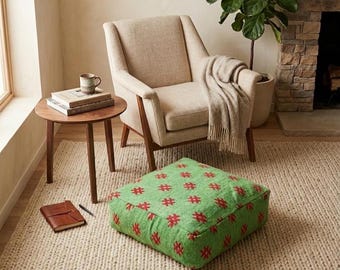 Moroccan handmade green and red ottoman pouf -wool floor cushion