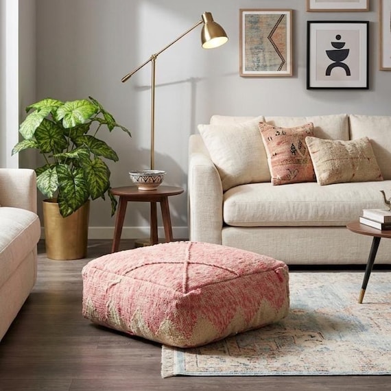 Moroccan handmade pouf pink and white – Handmade, berber floor cushion, earthy boho ottoman, ottoman pouf
