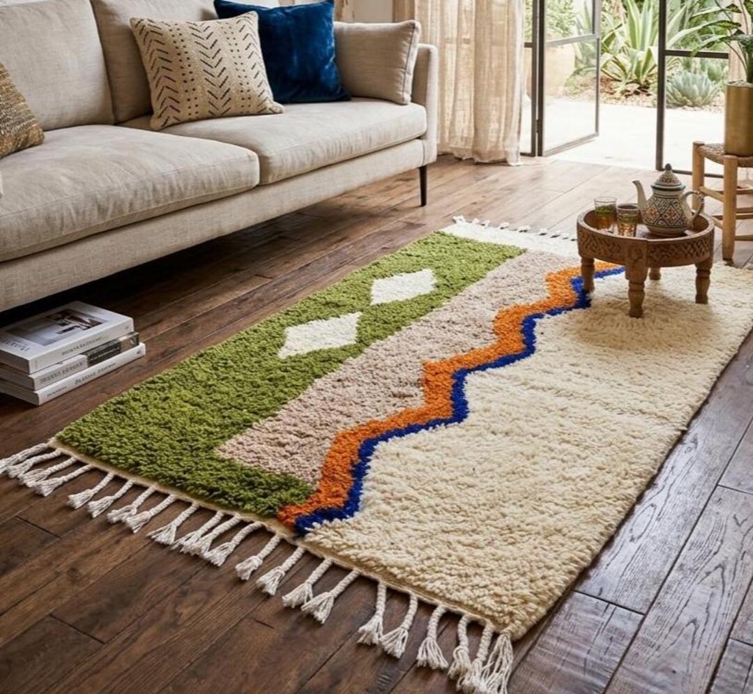 Moroccan Berber Handmade Colorful Wool Rug - Cream and Green Wool ...