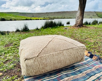 Handmade Moroccan wool pouf, Beni Ourain, Azila square cushion, boho pouf