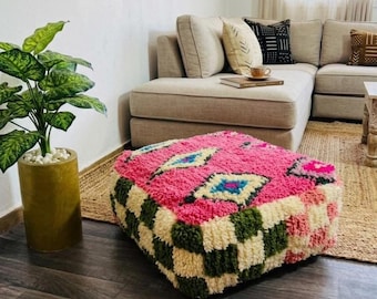 Moroccan pink & green Pouf –Handmade Floor Cushion, Colorful Wool Ottoman, Boho Home Decor _ authentic _ azilal pouf_ottoman pouf -