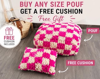 Marokkanischer handgefertigter Berber-Poufbezug + Gratis-Kissen, Pouf, rosa karierter Ottomanenbezug, Woll-Bodenkissen, Boho-Fußhocker