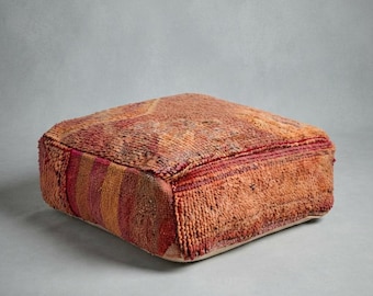 Moroccan Handwoven vintage wool   Pouf Cover – Boho Ottoman (24x24x10") azilal vintage ottoman pouf -Kilim vintage pouf