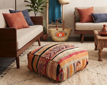 Puf marroquí de lana hecho a mano - puf cuadrado vinateg - puf otomano - cojín de suelo colorido - puf kilim marroquí vintage