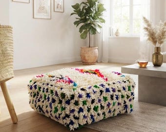 Moroccan handmade wool floor cushion - ivory, black and orange ottoman pouf