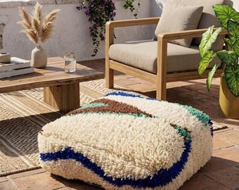 Marokkaanse handgemaakte bruin-blauwe wollen poef - vloerkussen, boho decoratie,