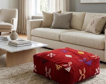Pouf marocain en laine fait main, ottoman berbère vintage, pouf kilim