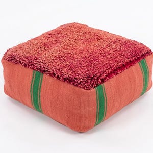 May include: A square floor cushion featuring a textured, deep red shaggy top surface. The sides are made of a flat-woven, salmon-colored fabric accented with vertical, dark green stripes that run along the edges of the cushion's four sides.