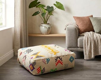 Moroccan Berber Pouf Handmade – Colorful Kilim Floor Cushion – Beni Ourain Inspired Ottoman – Boho Decor Footstool – Custom Made Wool Pouf