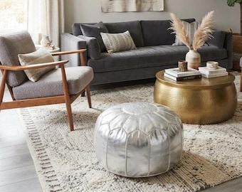 Moroccan leather ottoman pouf | Silver-grey boho stool, Wabi Sabi decor