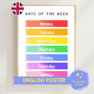 Póster de los días de la semana en INGLÉS Descarga instantánea Montessori Niños Aula Educación en casa Preescolar