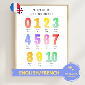 Números 1-10 INGLÉS FRANCÉS Póster bilingüe Descarga instantánea Montessori Niños Niños Aula Educación en casa Preescolar Arcoíris