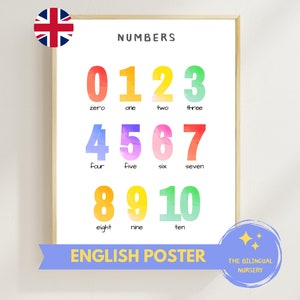 Póster de números del 1 al 10 en INGLÉS Descarga instantánea Montessori Niños Aula Educación en casa Preescolar Arcoíris Recursos para docentes