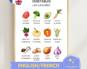 VEGETABLES FRENCH ENGLISH bilingual poster Instant download Educational Montessori Children Toddler Classroom Homeschool Preschool