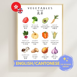 Póster bilingüe en inglés/cantonés para verduras. Descarga instantánea. Educativo Montessori para niños. Aula. Educación en casa. Preescolar. Acuarela.