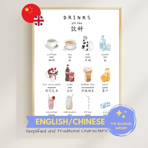 Drinks CHINESE/ENGLISH simplified/traditional Instant download Educational poster Montessori Children Classroom Homeschool Preschool
