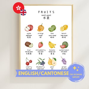 FRUITS ENGLISCH/Kantonesisch zweisprachiges Poster Sofortiger Download Montessori Kinder Klassenzimmer Homeschool Vorschule Aquarell