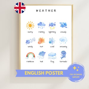 WETTER ENGLISCH Sofort download Lernposter Montessori Kinder Kinder Klassenzimmer Homeschool Vorschule Aquarell Bisprachig Immersion
