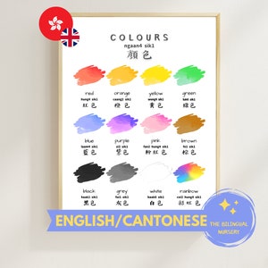 Colores/colores INGLÉS/CANTONÉS Cartel bilingüe Descarga instantánea Montessori Niños Niños Aula Preescolar