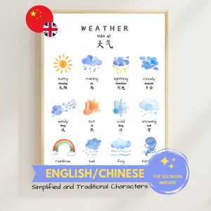 WETTER Englisch/Chinesisch Sofortdownload Lernposter Montessori Kinder Kinder Klassenzimmer Homeschool Vorschule