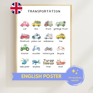 Transport ENGLISCH Fahrzeuge Poster Autos Poster homeschool Sofortdownload Lernposter Montessori Kinder Klassenzimmer Vorschule