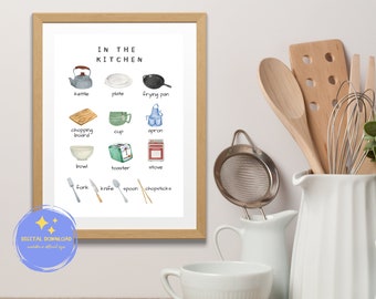 In the KITCHEN ENGLISH Instant download Educational poster Montessori Children Classroom Homeschool Preschool Bilingual Pinyin