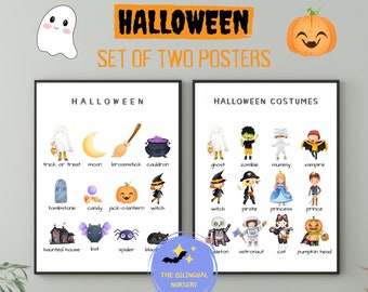 Halloween poster kids SET OF TWO Halloween costumes classroom poster homeschool halloween poster playroom poster halloween words poster